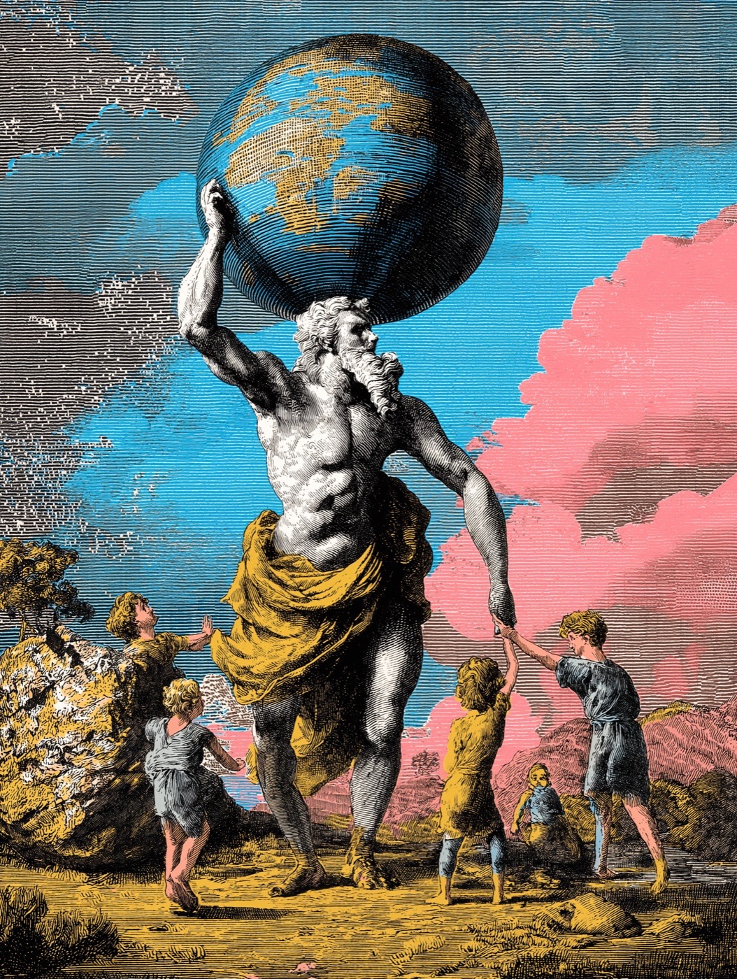 Engraving of Atlas carrying the globe, with children beside him. One takes his hand.