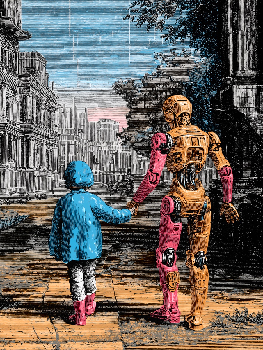 Copper engraving: a child and a friendly robot walking hand in hand through an old European city