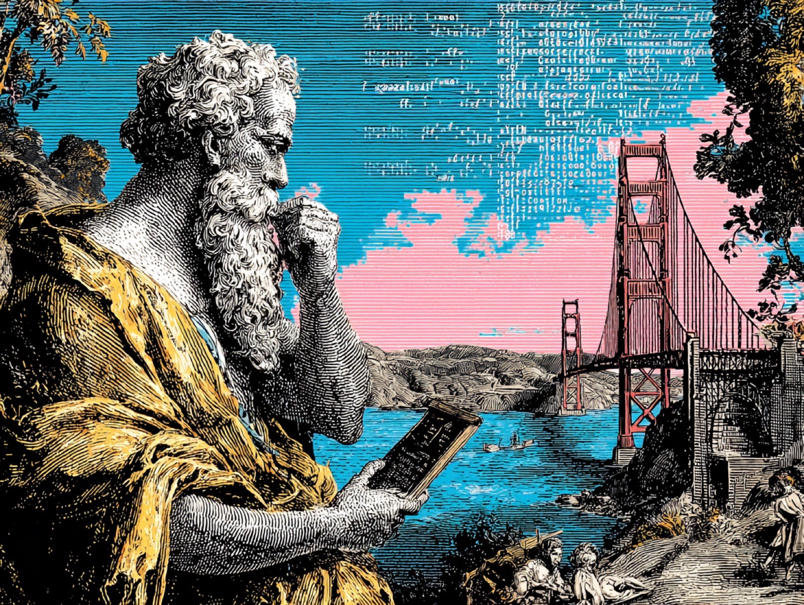 Copper engraving: Socrates studies a tablet while lines of code drift through the sky above the Golden Gate Bridge